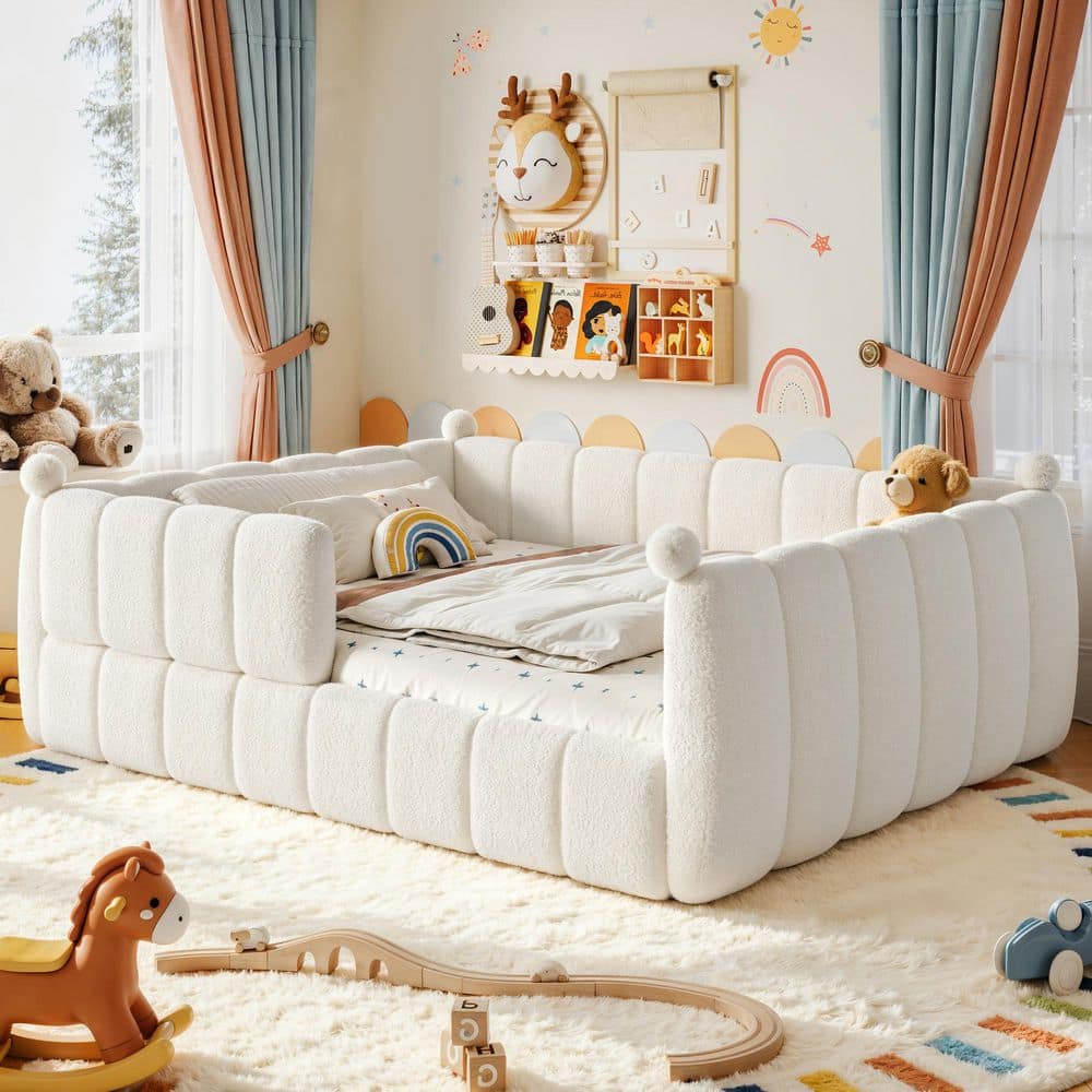 Beige Queen Size Soft Teddy Upholstered Floor Bed with Full Surround Safety Rails, Modern Montessori Kids Bed