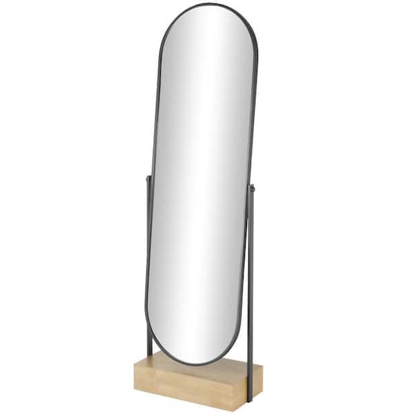 Litton Lane 21 in. W x 67 in. H Black Wooden Matte Oval Shaped Floor Mirror with Brown Wood Base