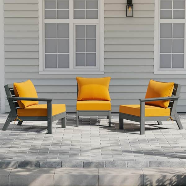 Birchwood Gray Arrangeable 3-Piece HDPE Deep Seating Outdoor Patio Conversation Sofa Arm Chair Set w/ Yellow Cushions