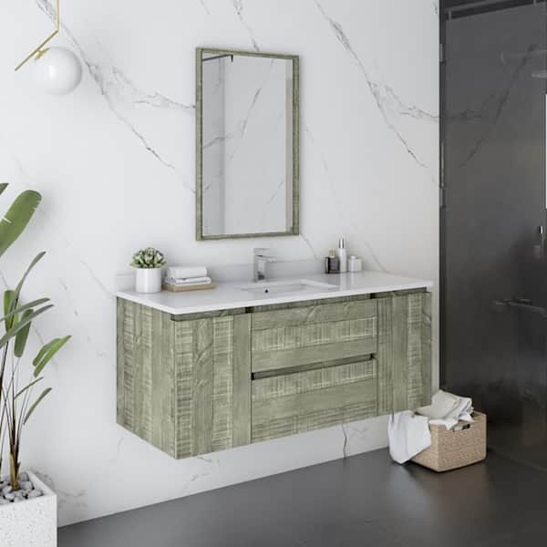 Fresca Formosa 48 in. Single Sink Wall Mount Floating Sage Gray Bath Vanity with White Quartz Top, Ceramic Sink and Mirror