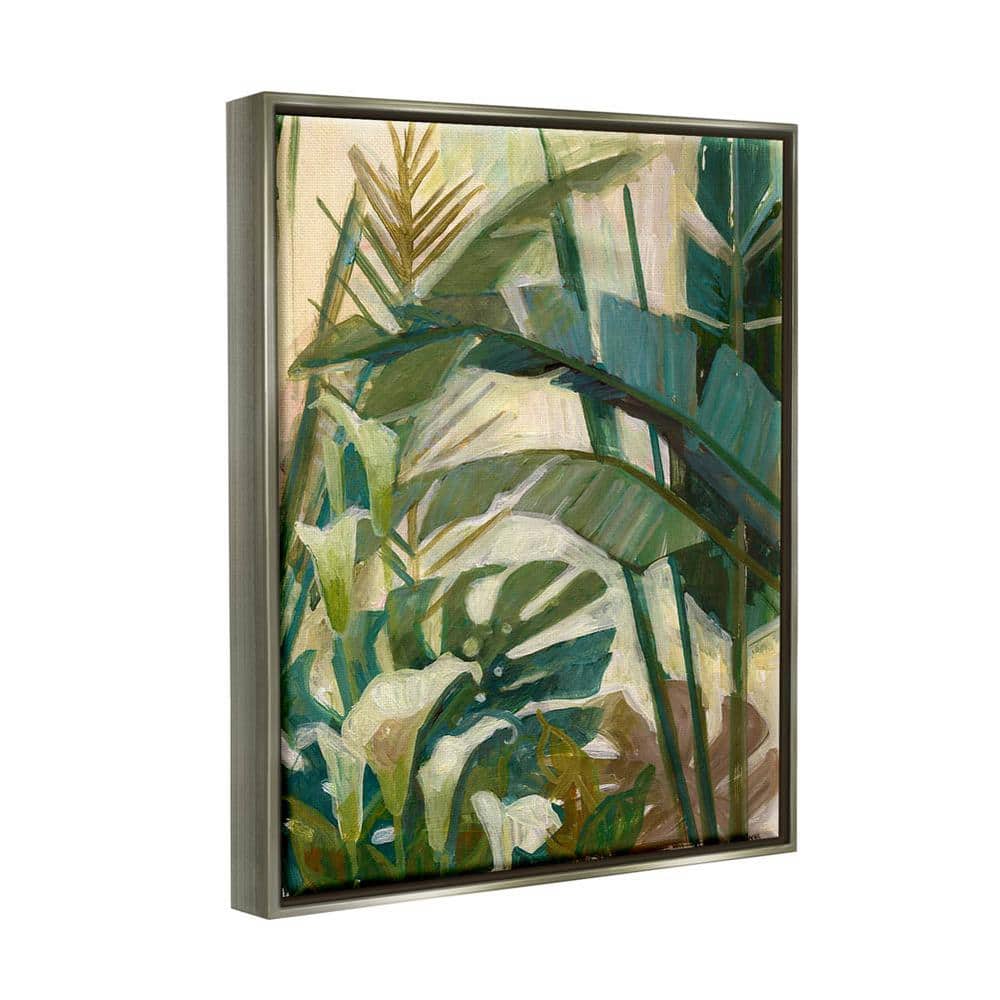 Tropical Jungle Green Leaves Canvas Print with Gray Frame