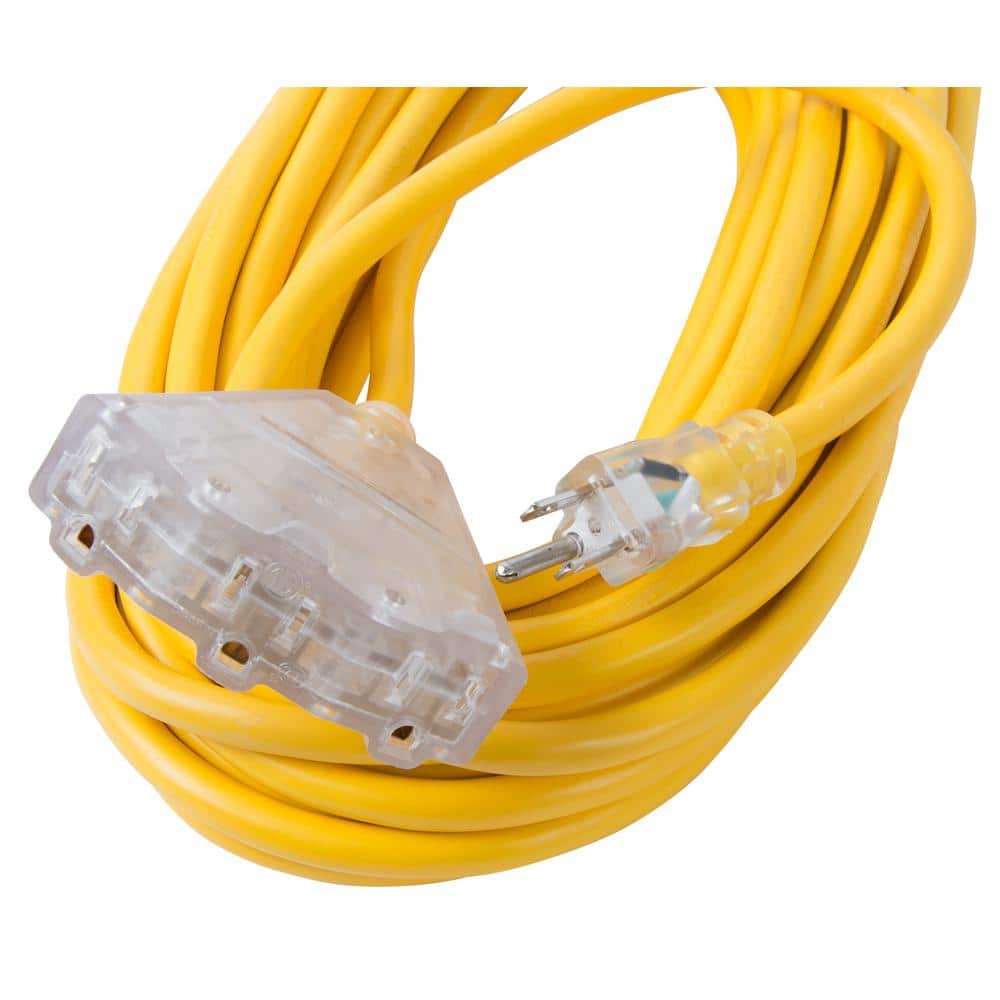 Heavy Duty 50 ft Yellow SJTW Extension Cord with Triple Tap