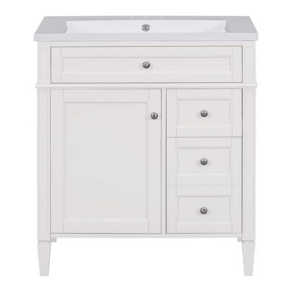 EPOWP 30 in. W x 18 in. D x 33 in. H Single Sink Freestanding Bath Vanity in White with White Resin Top and Storage Cabinet