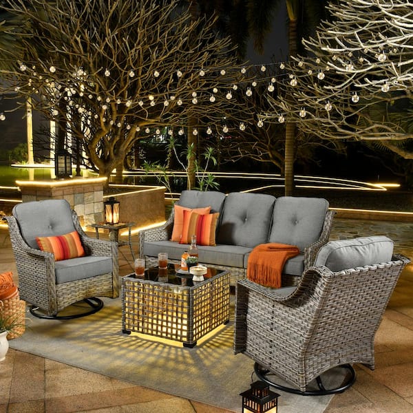OVIOS Palffy Gray 5-Piece Wicker Patio Conversation Seating Set with Dark Gray Cushions and Swivel Rocking Chairs