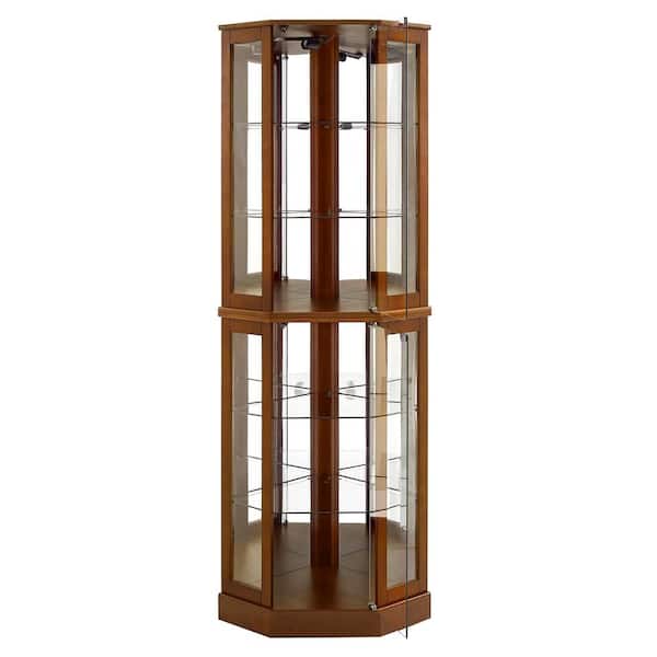 XUJMK 26 in. W x 20 in. D x 72 in. H Light Brown Linen Cabinet 6-Shelf Corner Curio Display with Light, Mirrors and Shelves