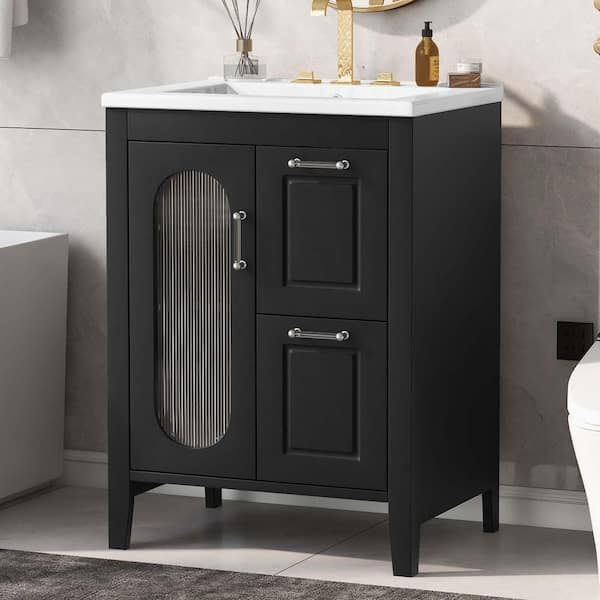 24 in. Single Sink Black Bath Vanity with White Ceramic Top (Self Assembly Needed)