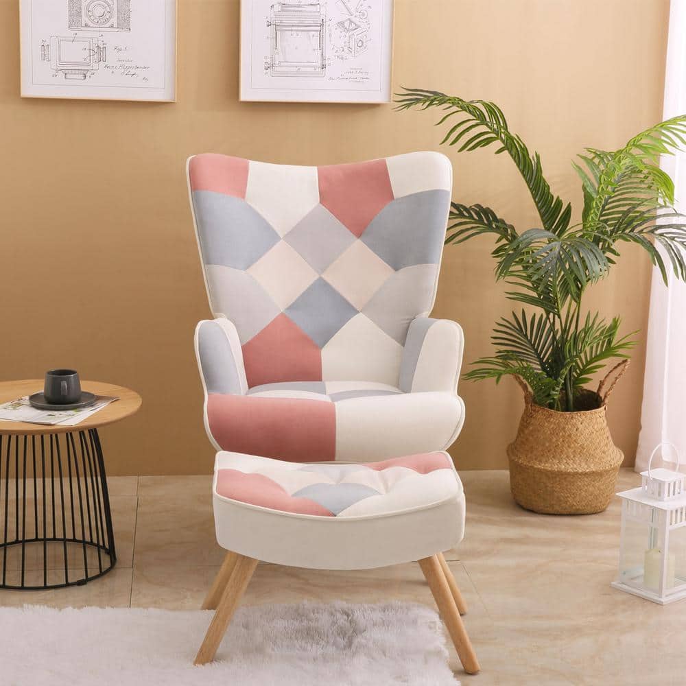 Pink Solid Wood Armchair Accent Chair with Ottoman Creative Splicing Cloth 