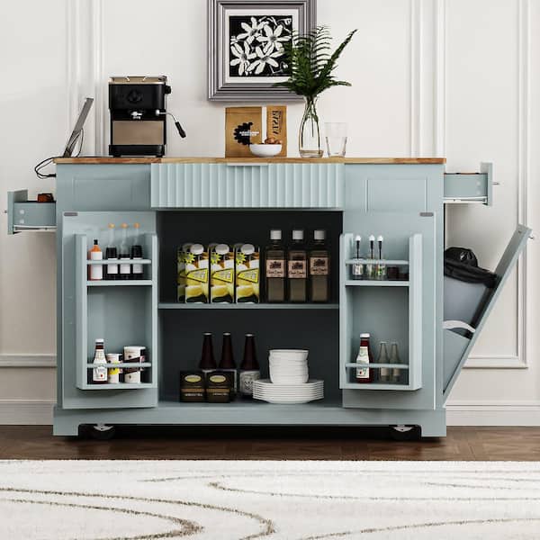 Grey Blue Rubber Wood Kitchen Cart with Power Outlet and Adjustable Shelf
