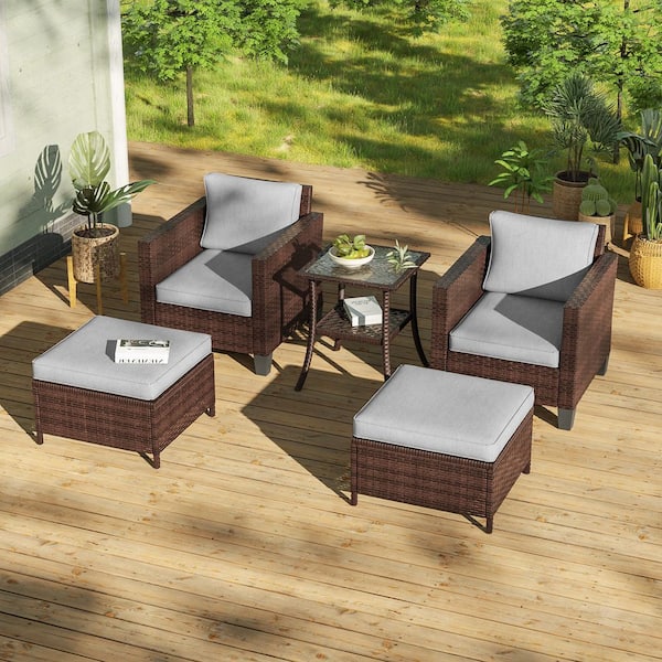 5-Pieces Patio Conversation Set with Glass Tabletop Side Table All-Weather Brown Wicker with Linen Gray Cushions
