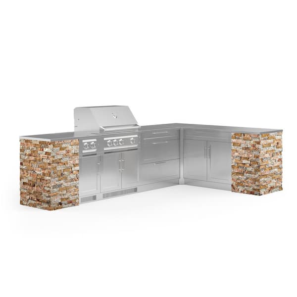 NewAge Products Signature Series Stainless Steel 11-Piece L Shape Outdoor Kitchen Cabinet Set with Liquid Propane Platinum 33 in. Grill