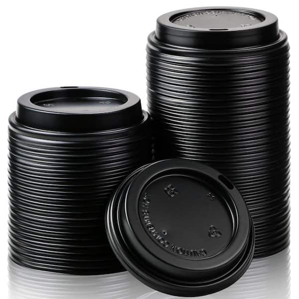 Disposable Plastic Coffee Cup Lids for 12 to 22 oz Paper Cups, Black Dome Lids for Hot and Cold Beverages, 100 Pack