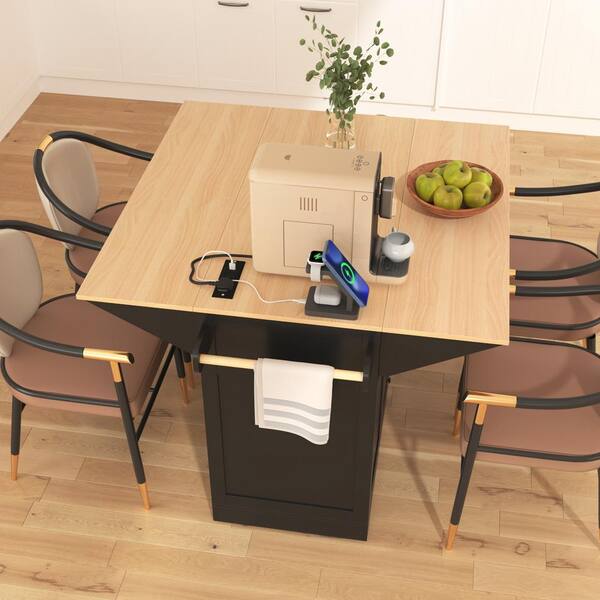 Runesay Farmhouse Black Wood 55.75 in. Power Outlet Large Rolling ...