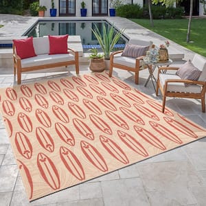 Mickey Mouse Surfboard Sand/Red 5 ft. x 7 ft. Geometric/Animal Print Indoor/Outdoor Area Rug