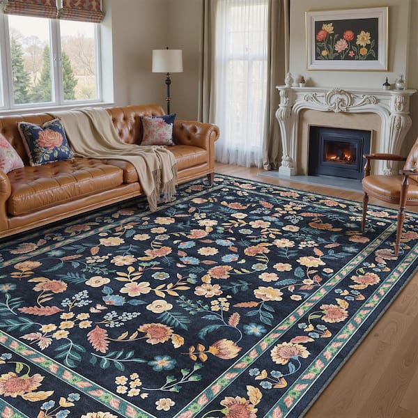 HaiiMeid Blossom Navy Blue 9 ft. x 12 ft. Floral Washable Area Rug