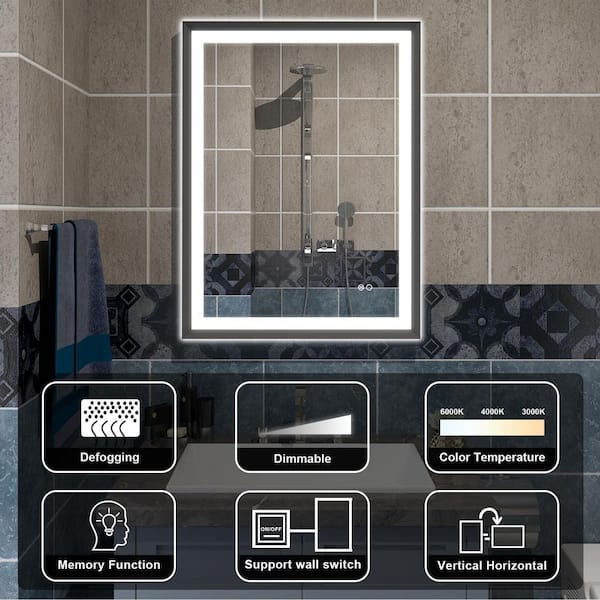 LUKY 24 in W x 32 in. H Rectangular Single Aluminum Framed Anti-Fog LED Light Wall Bathroom Vanity Mirror in Matte Black