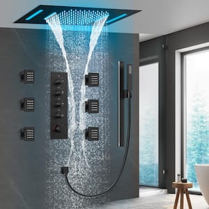 LED 15-Spray 23 x 15 in. Dual Ceiling Mount Fixed and Handheld Shower Head Thermostatic Valve in Matte Black