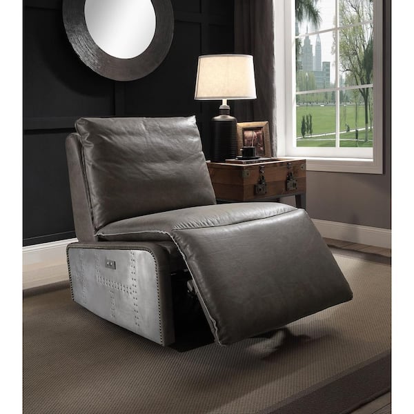 Acme Furniture Metier Gray and Aluminum Top Grain Leather Power Motion Recliner