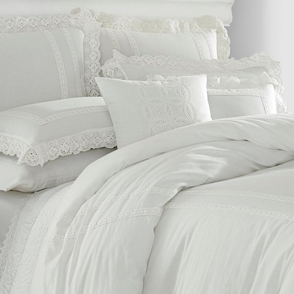 Laura Ashley Annabella 3-Piece White Solid Cotton King Duvet Cover