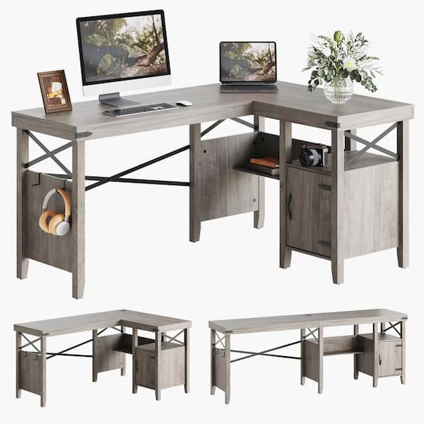 Bestier 60 in. Farmhouse L-Shaped Computer Desk with Storage Cabinet and Bookshelf Wash Grey