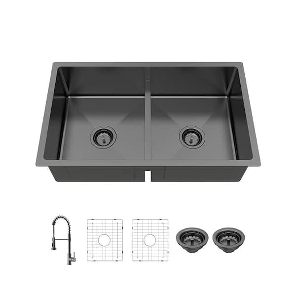 32 in. Undermount Double Bowl 18-Gauge Gunmetal Stainless Steel Sink with Spring Neck Faucet and Accessories
