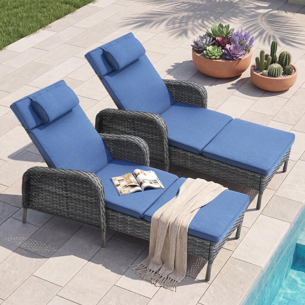 Wellcane 2-Piece Gray Wicker Outdoor Chaise Lounge Chair with Adjustable Backrest, Outdoor Recliner with Blue Cushion price history on PriceWatchPro