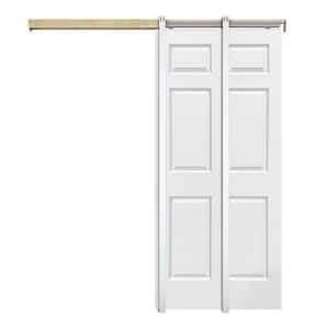 White Primed 30 in. x 80 in. Composite MDF 6PANEL Interior Sliding Door with Pocket Door Frame and Hardware Kit
