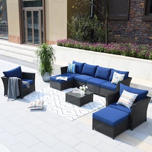 Huron Gorden Brown 9-Piece Wicker Outdoor Patio Conversation Sectional Sofa Set with Navy Blue Cushions