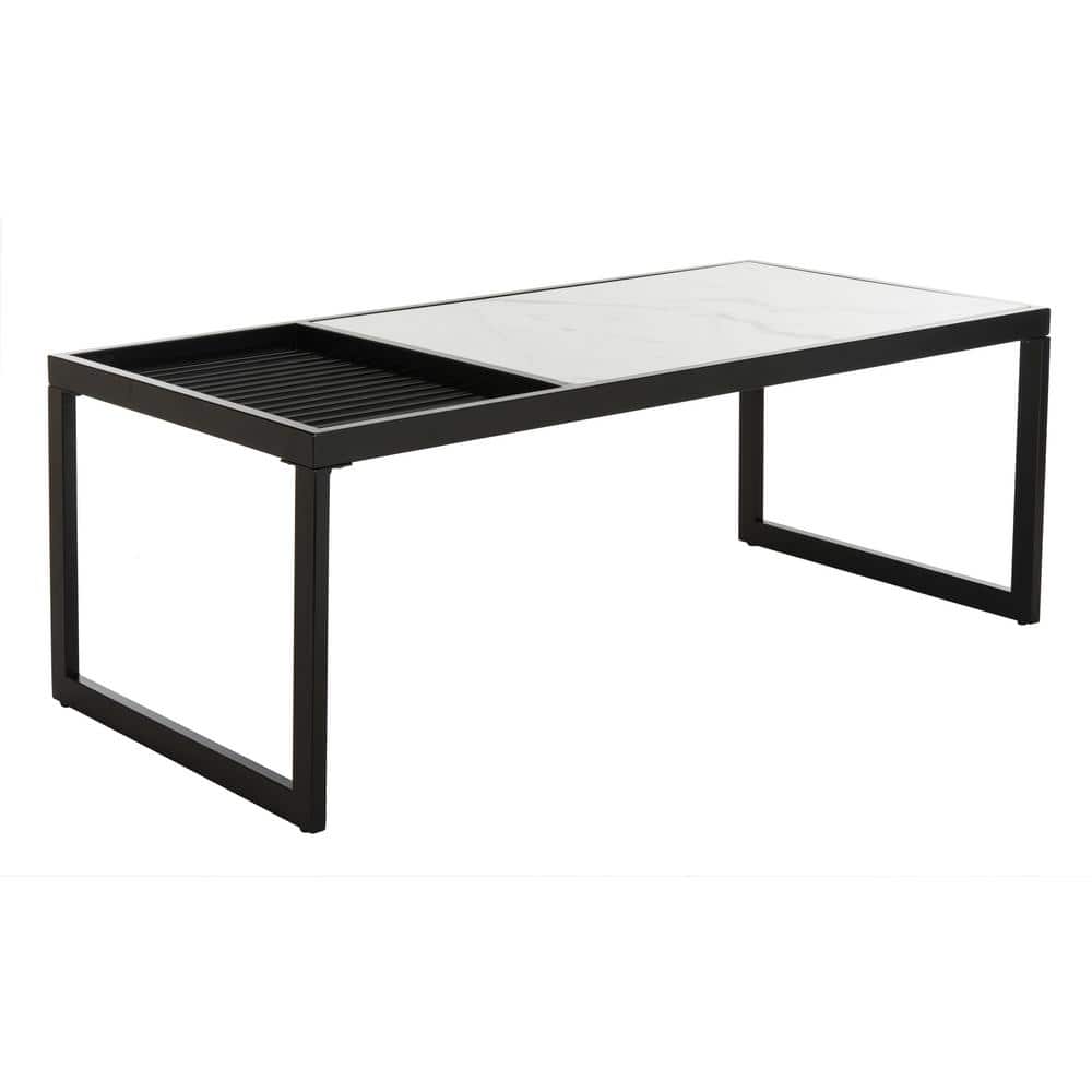 Modern Rectangular Black and White Marble Wood Cocktail Table
