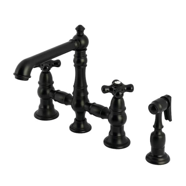 Duchess 2-Handle Deck Mount Bridge Kitchen Faucet with Brass Sprayer in Matte Black