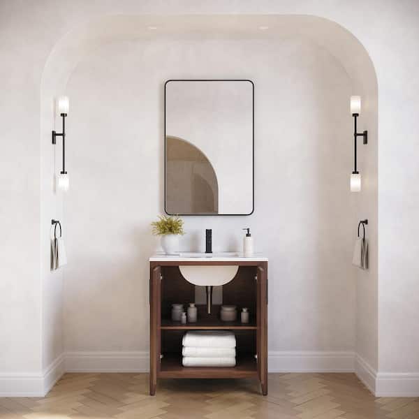 Silas 30 in. Single Sink Freestanding Bath Vanity with White Quartz Top and Ceramic Sink in Warm Walnut