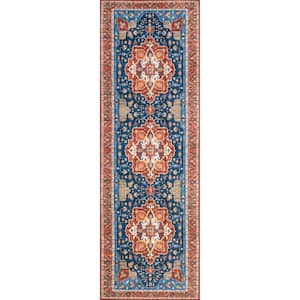 Hera Medallion Spill-Proof Machine Washable Blue 2 ft. 6 in. x 8 ft. Runner Rug