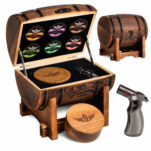 Whiskey Smoker Kit with 10-Piece Set, Charred Brown Wood Display Barrel, Torch and Wood Chips