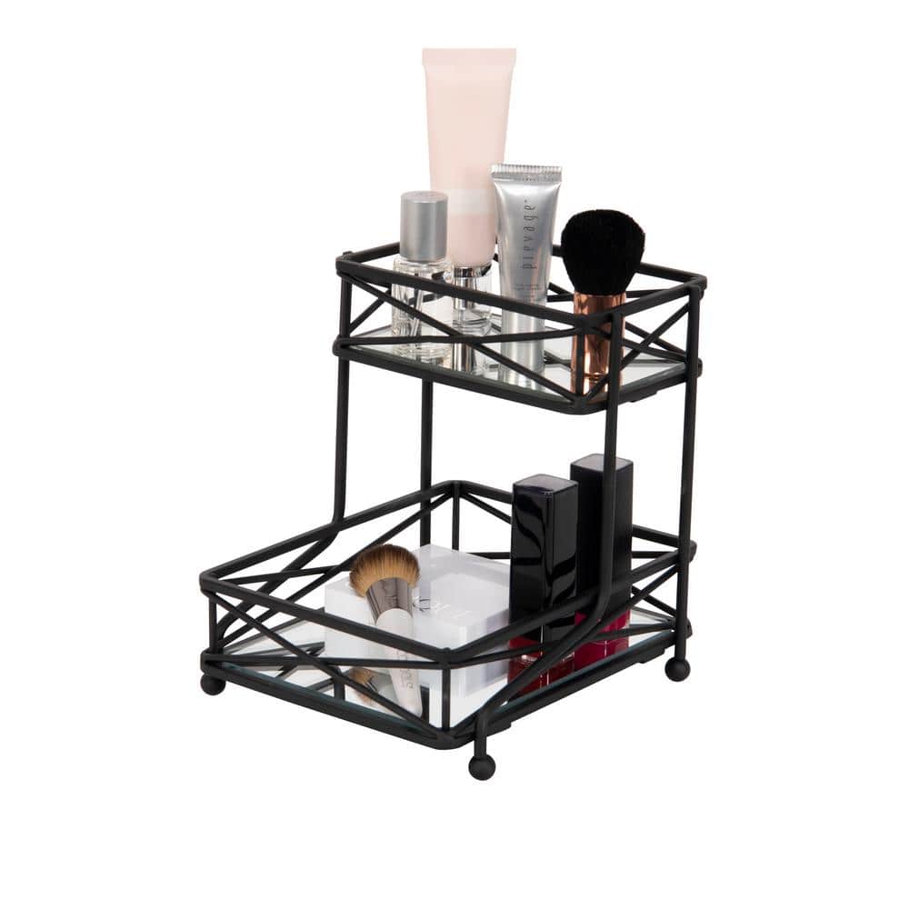 Matte Black 2-Tier Vanity Tower with Mirrored Base