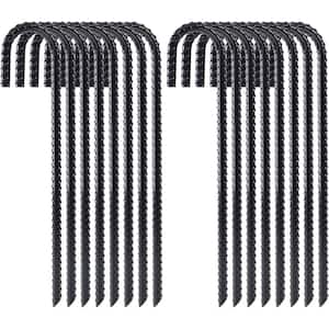 Heavy Duty 12 in. Rebar Stakes J Hook Galvanized Steel Ground Anchors Black 16 Pack for Tents and Fences