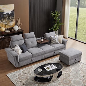 109.06 in. Square Arm Fabric L Shape Sectional Sofa with Storage Space and Hidden Coffee Table in Light Gray