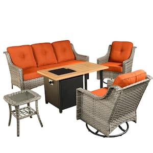 Alps Gray 5-Piece Wicker Patio Rectangular Fire Pit Set with Orange Red Cushions and Swivel Rocking Chairs