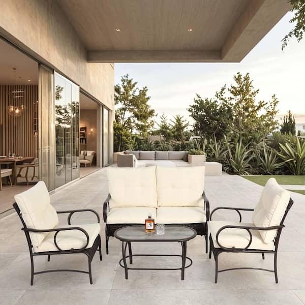 Unbranded 4 Piece Patio Conversation Set, Wicker Furniture Sofa Sets with Cushion for Backyard, Balcony and Deck, Beige