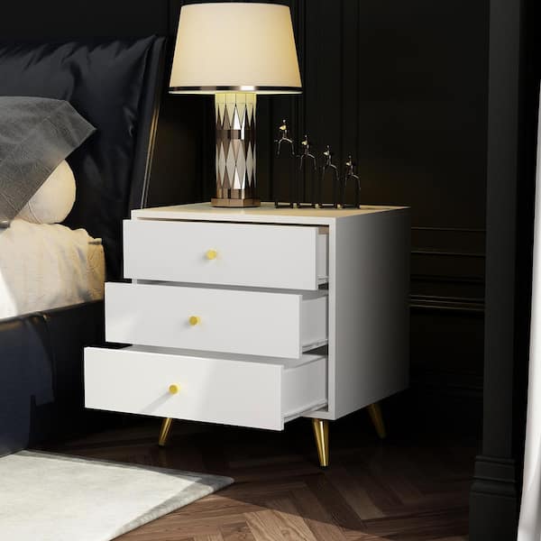 FUFU&GAGA 3-Drawer White Nightstands With Metal Legs, Side FUFU&GAGA 3-Drawer White Nightstands With Metal Legs, Side