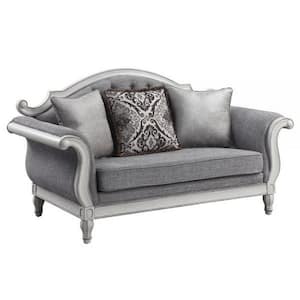 35 in. Gray and White Solid Print Fabric 2-Seater Loveseat with 3 Pillows