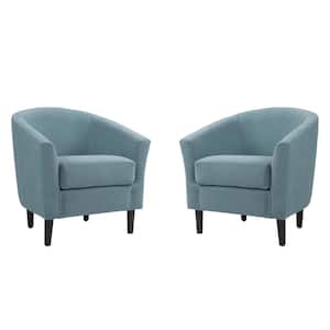 Modern Blue Linen Upholstered Accent Barrel Arm Chair With Wood Leg(Set of 2)