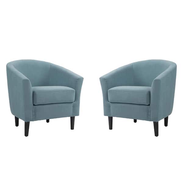 Uixe Modern Blue Linen Upholstered Accent Barrel Arm Chair With Wood Leg(Set of 2)
