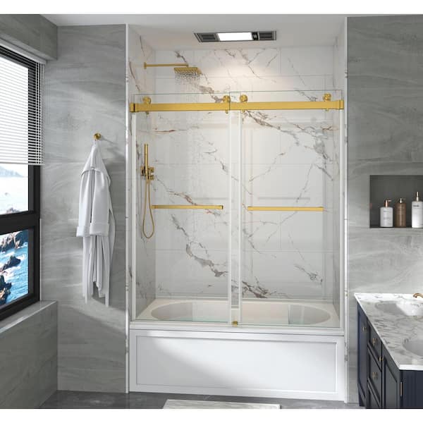 MOHALEN 56-61 in. W x 66 in. H Double Sliding Frameless Tub Door in Brushed Gold with 3/8 in. Clear Tempered Glass