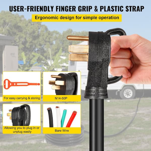 RV Camp Power Cord, 50 ft. 50 Amp 110V 6/3 + 8/1 AWG Generator Extension Cord NEMA 14-50P to Bare Wire