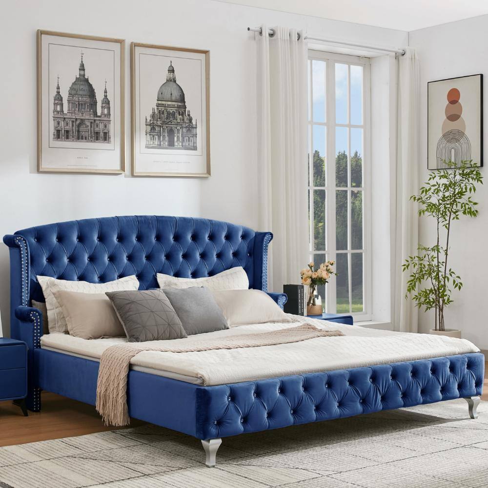 Navy Blue Metal Frame King Upholstered Platform with Wingback Headboard,Deep Diamond Button Tufted and Nailhead Trim price history on PriceWatchPro