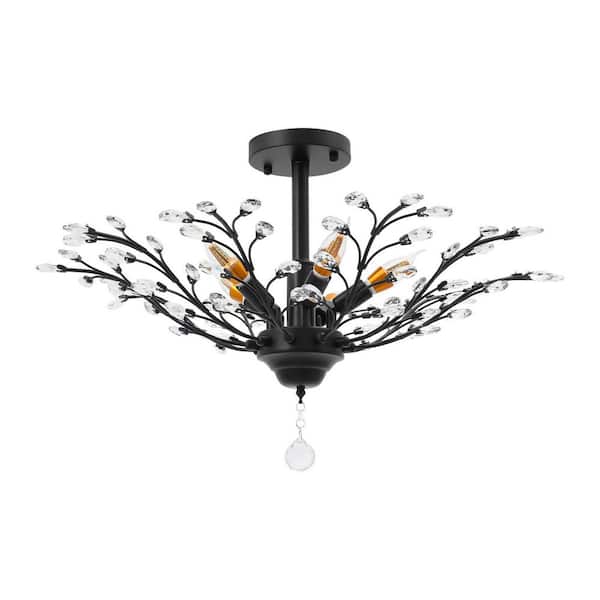 OUKANING 31.1 in. Black Vintage Crystal Branches Design Semi-Flush Mount Ceiling Light for Bedroom Living Room, No Bulbs Included