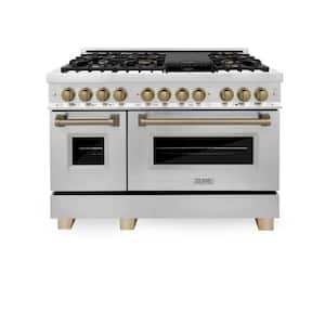 Autograph Edition 48 in. 7 Burner Double Oven Dual Fuel Range in Stainless Steel and Champagne Bronze