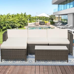 5-Piece Brown Wicker Outdoor Sectional Set with Beige Cushions for Garden, Porch, Balcony, Backyard