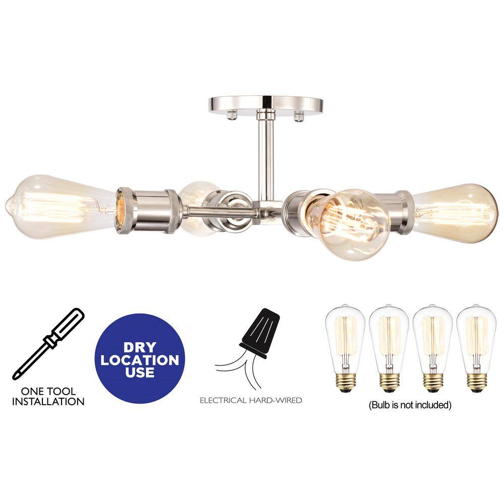 Mid-Century Modern Polished Nickel Sputnik 4-Light Semi-Flush Mount