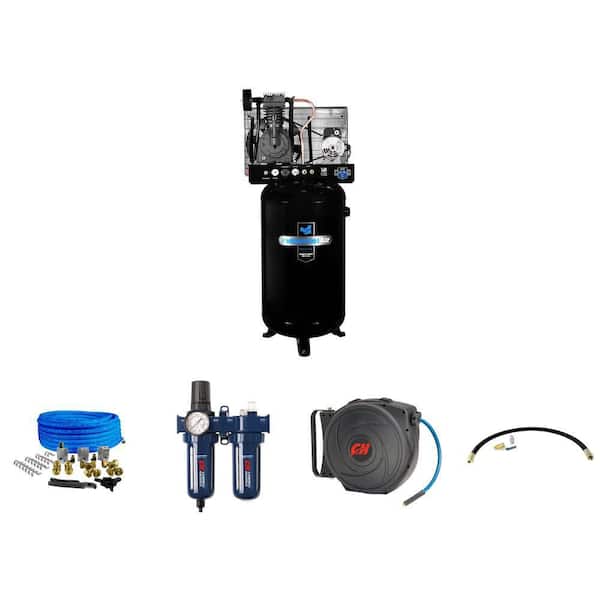 80 Gal. Electric Air Compressor, Piping, Filter, Hose Reel and Install Kit