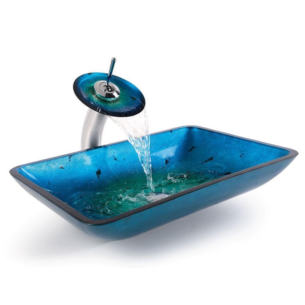 Irruption Blue Rectangular Glass Vessel Bathroom Sink with Satin Nickel Drain
